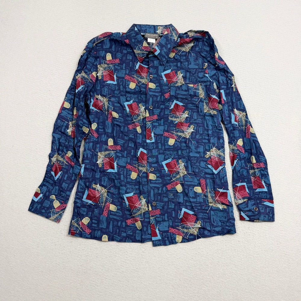 Vintage Triumph of California Shirt Medium Blue Abstract Geometric Rayon Button